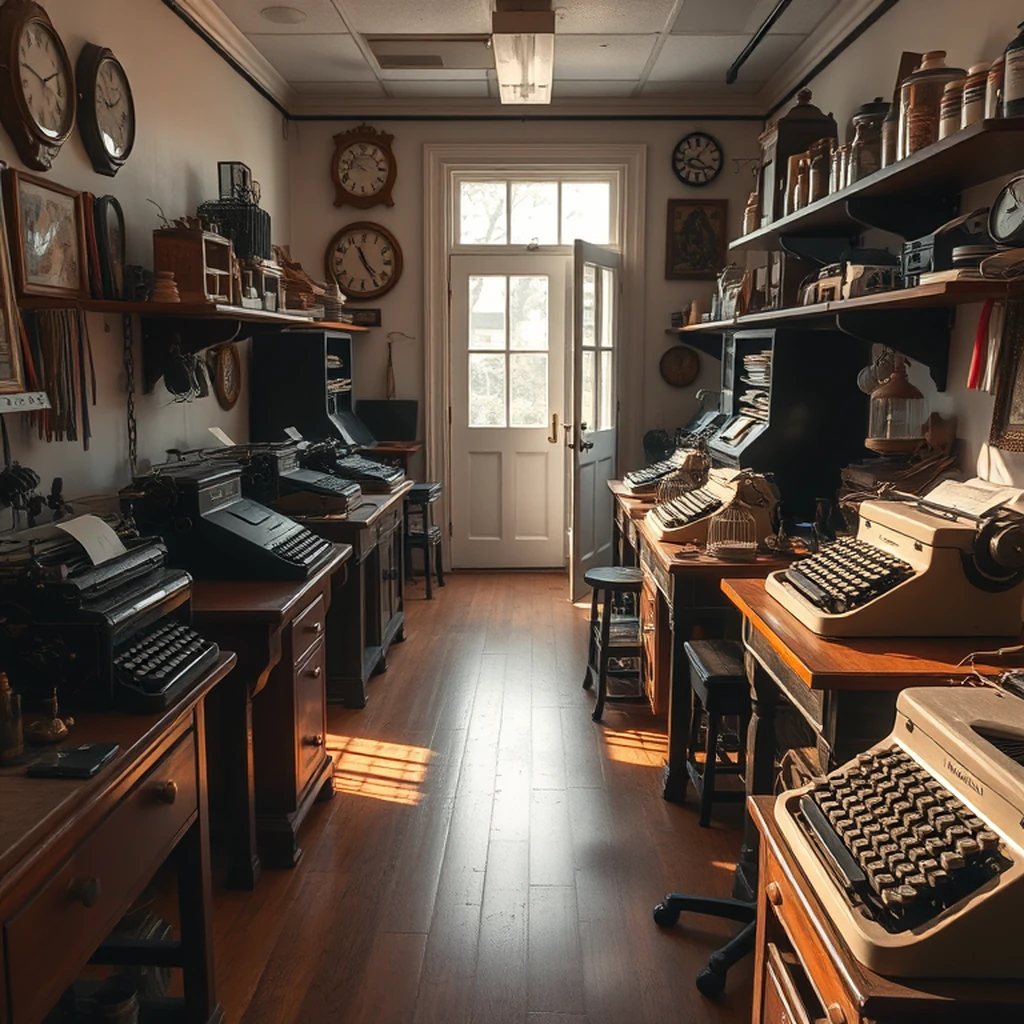 Image A of the puzzle: Antique typewriter repair workshop with ribbons and brass parts