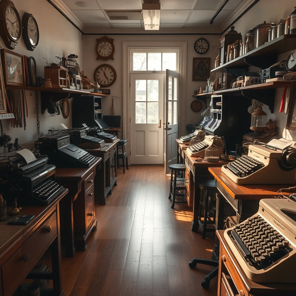 Image B of the puzzle: Antique typewriter repair workshop with ribbons and brass parts