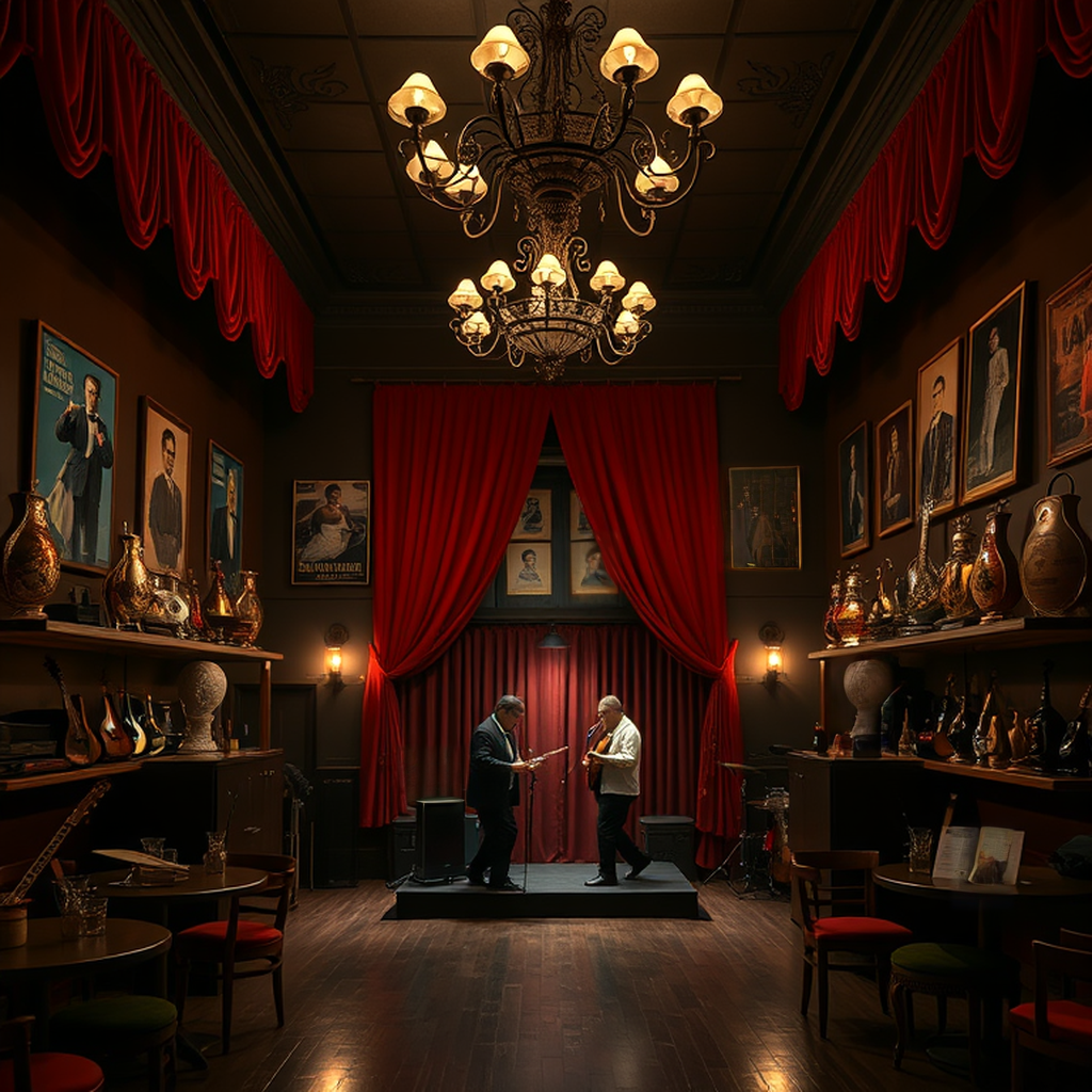 Image B of the puzzle: Argentine tango dance hall with bandoneons and red curtains