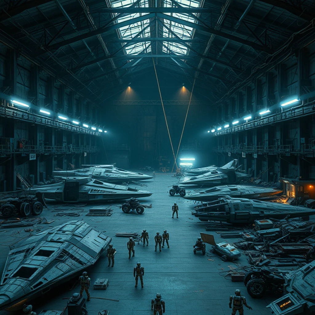 Image A of the puzzle: Asteroid belt salvage yard hangar with cannibalized starship hulls
