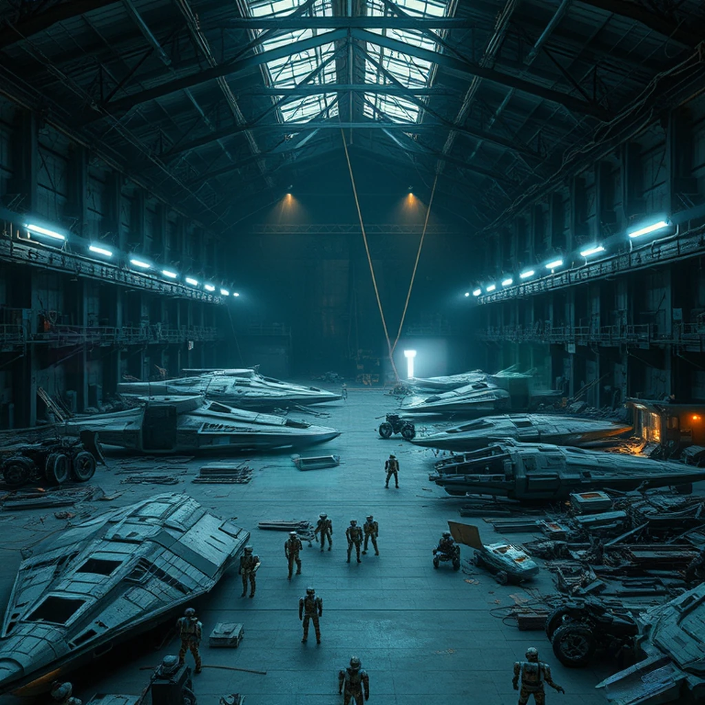 Image B of the puzzle: Asteroid belt salvage yard hangar with cannibalized starship hulls