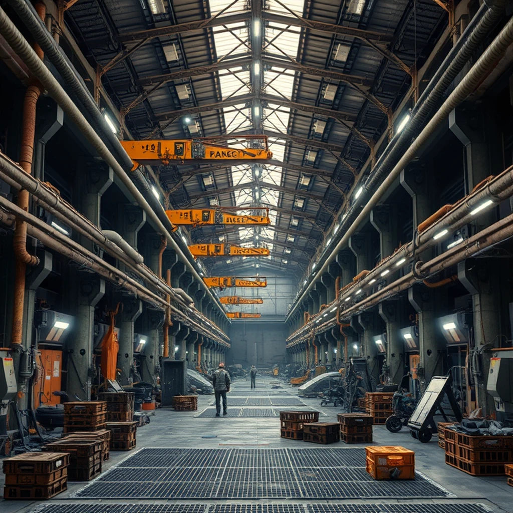 Image A of the puzzle: Asteroid belt salvage yard hangar with magnetic cranes and cargo crates