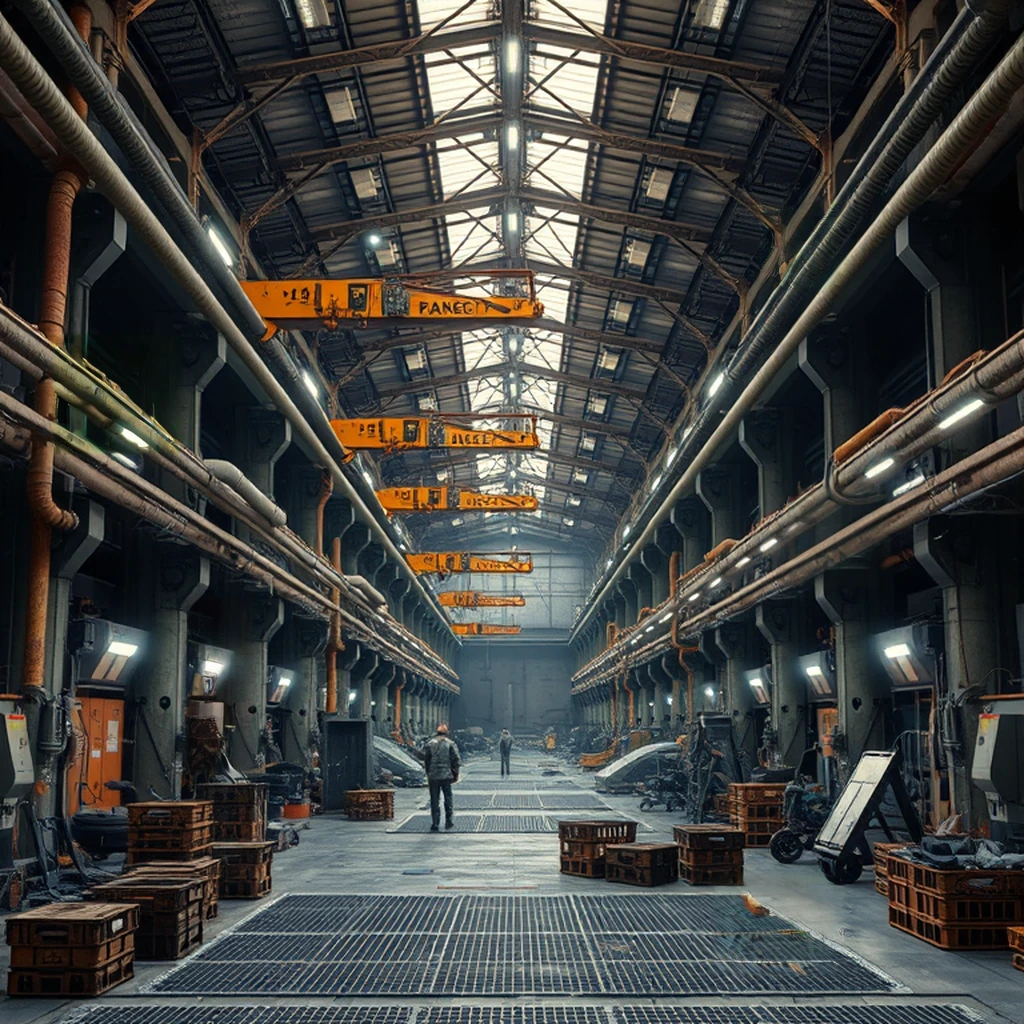 Image B of the puzzle: Asteroid belt salvage yard hangar with magnetic cranes and cargo crates