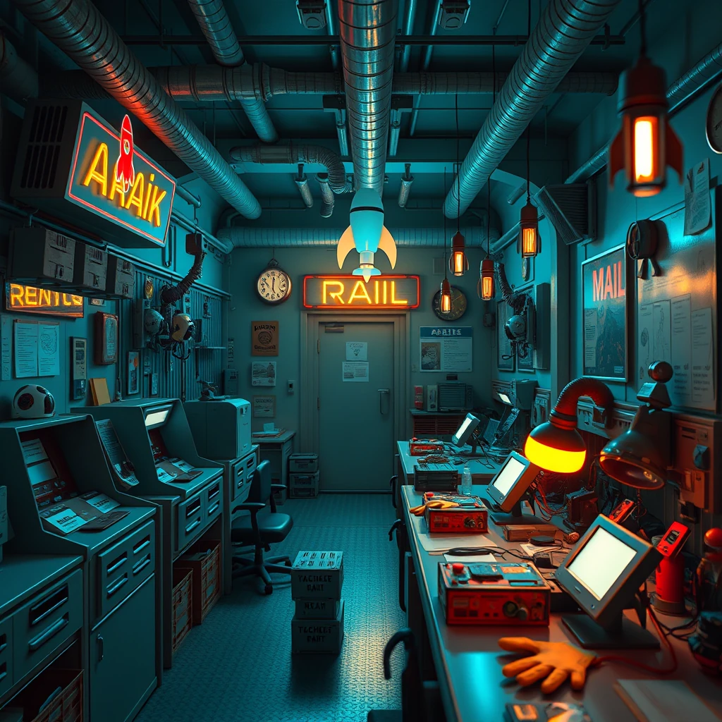 Image A of the puzzle: Atompunk rocket mailroom with retro-futuristic terminals