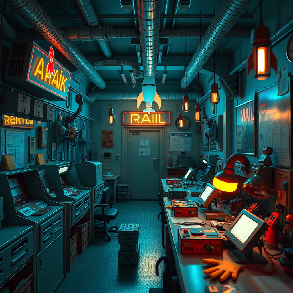 Image B of the puzzle: Atompunk rocket mailroom with retro-futuristic terminals