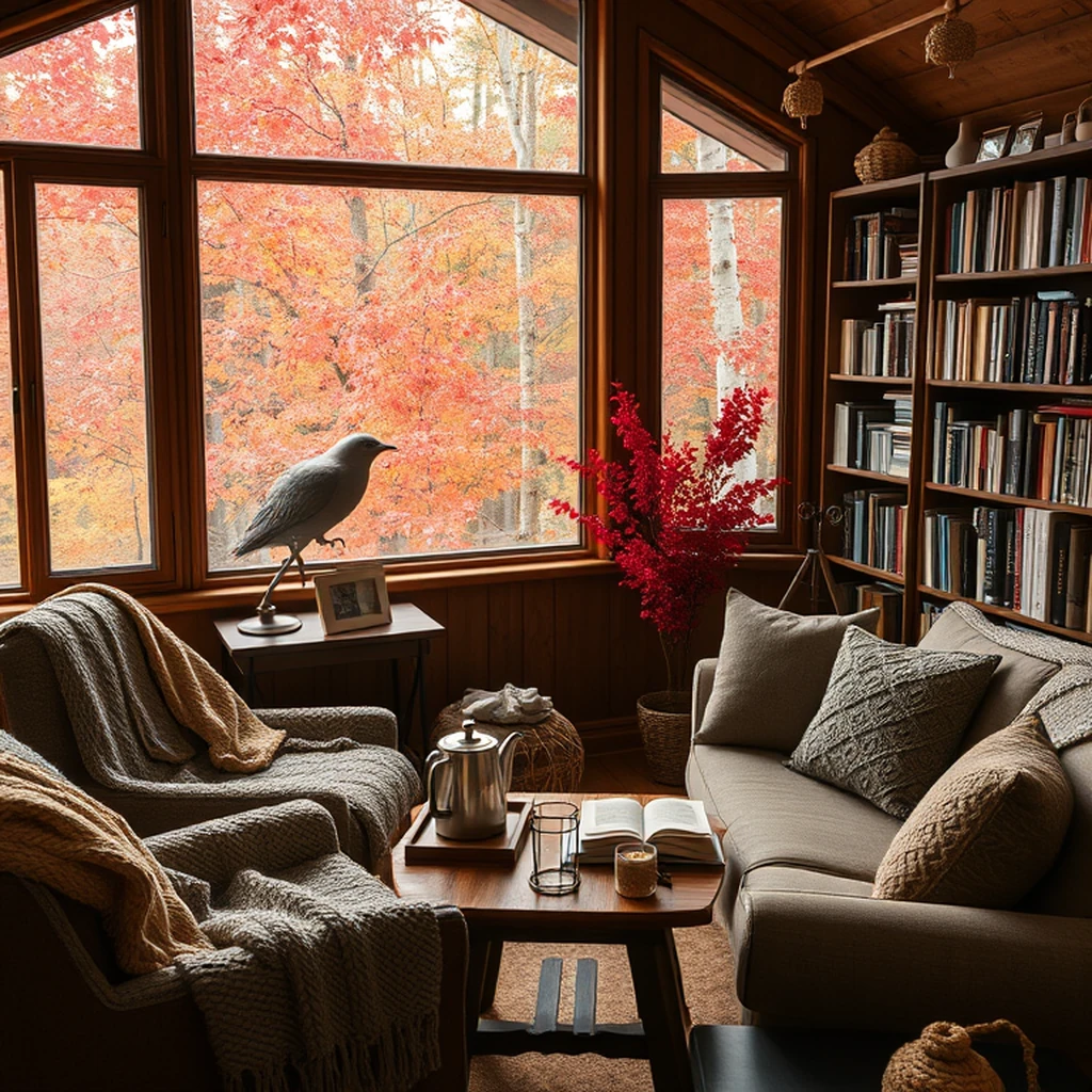 Image A of the puzzle: Autumn forest cabin reading nook with knitted blankets and tea kettle