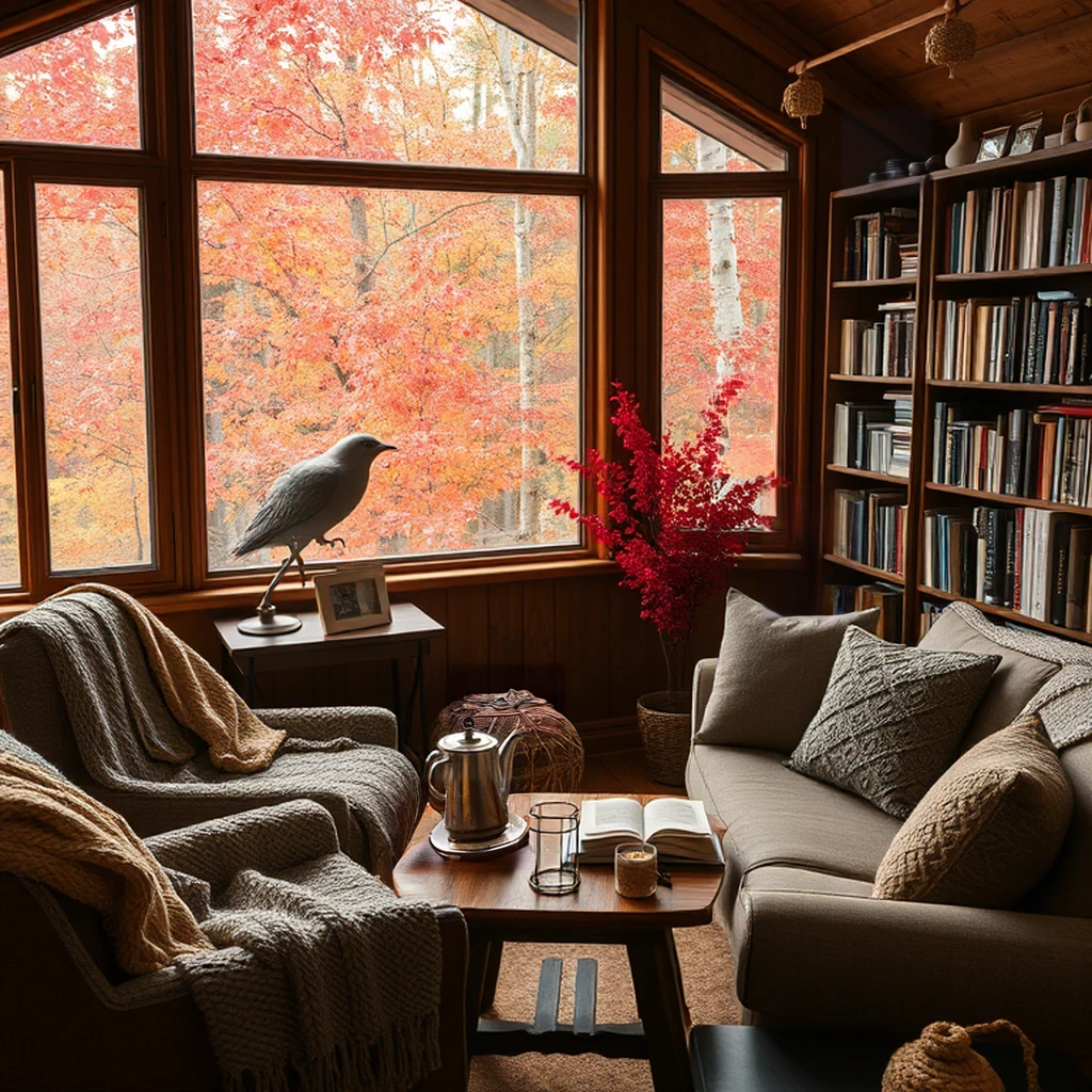 Image B of the puzzle: Autumn forest cabin reading nook with knitted blankets and tea kettle