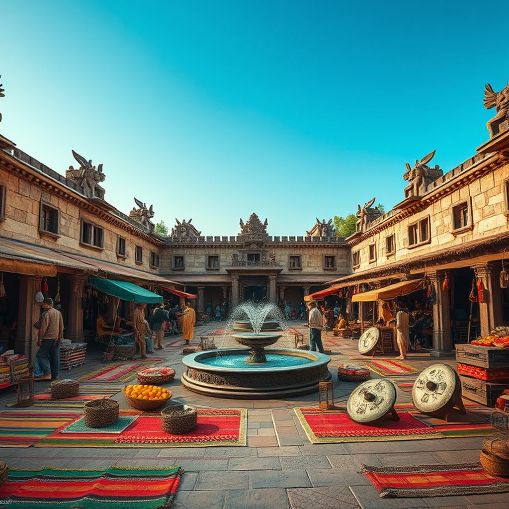 Image A of the puzzle: Aztec marketplace plaza with feathered shields and cocoa beans on woven mats
