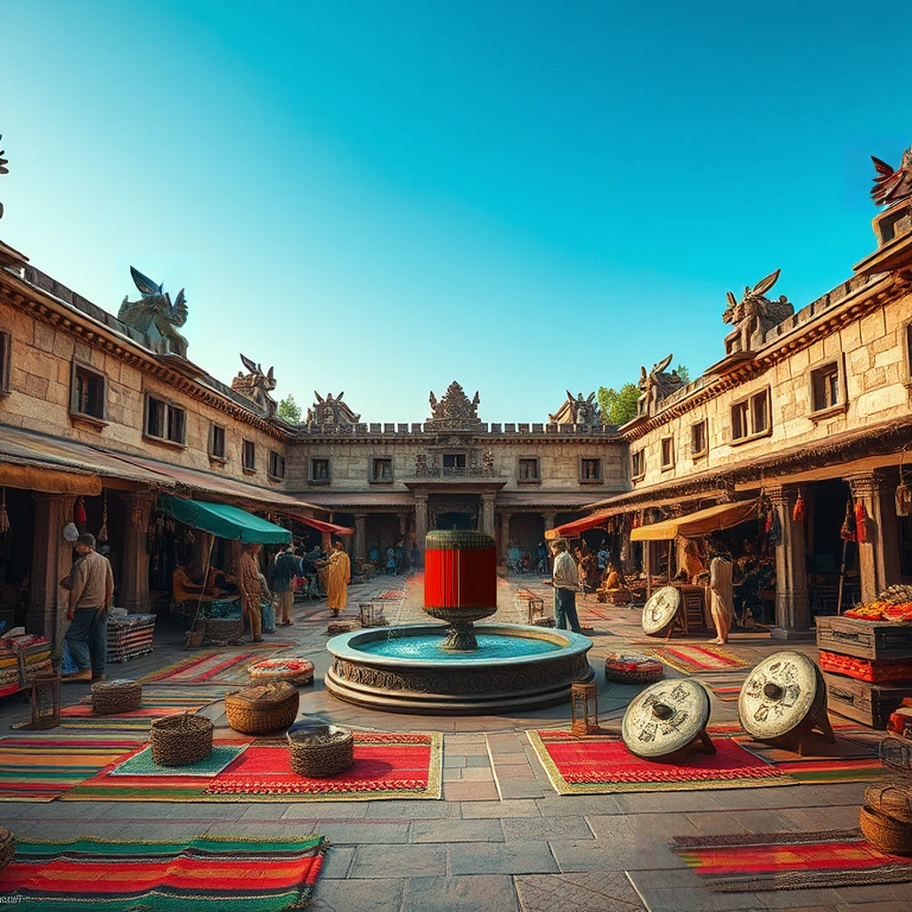 Image B of the puzzle: Aztec marketplace plaza with feathered shields and cocoa beans on woven mats