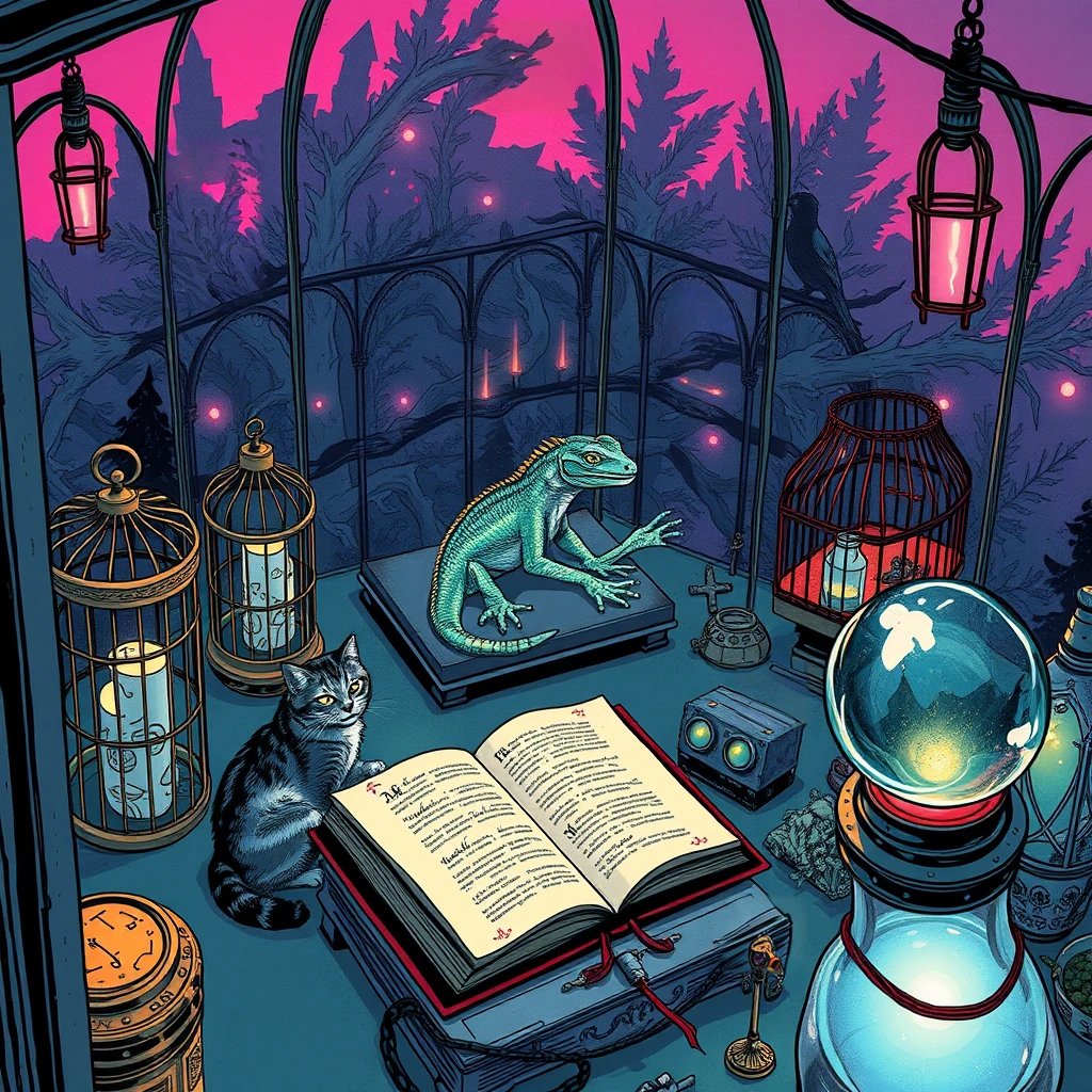 Image B of the puzzle: basilisk handler's mirrored aviary with shimmering scales and glowing runes