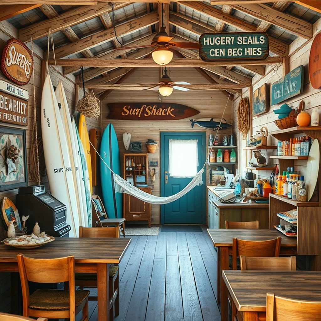 Image A of the puzzle: Beachside surf shack interior with hammock and weathered surfboards