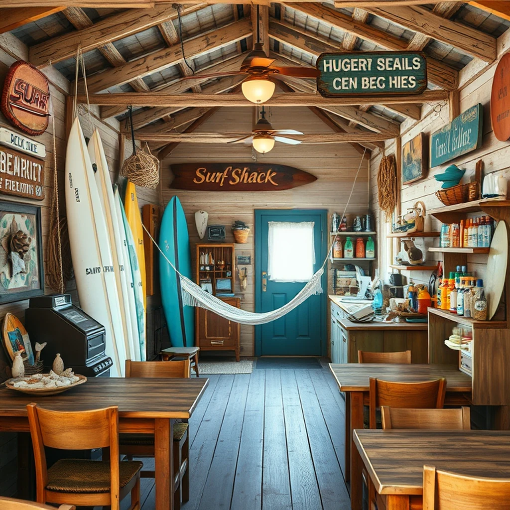 Image B of the puzzle: Beachside surf shack interior with hammock and weathered surfboards