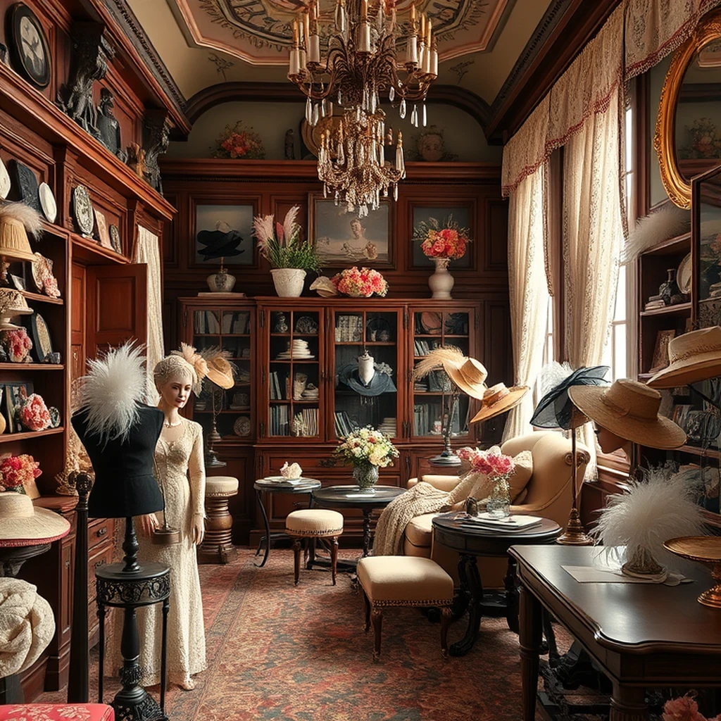 Image A of the puzzle: Belle Epoque Parisian millinery atelier with feathered hats on stands