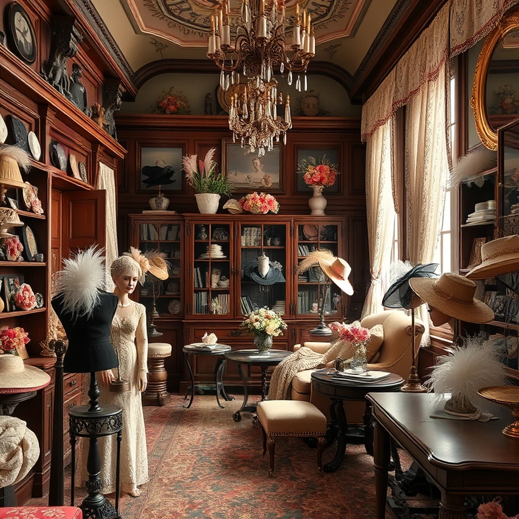 Image B of the puzzle: Belle Epoque Parisian millinery atelier with feathered hats on stands