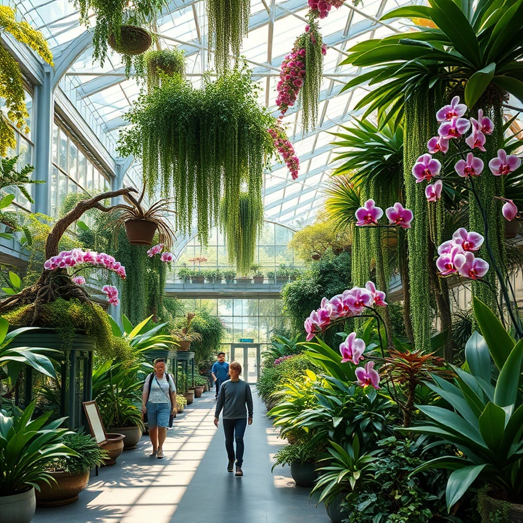 Image A of the puzzle: Botanical greenhouse atrium with rare orchids and bonsai trees