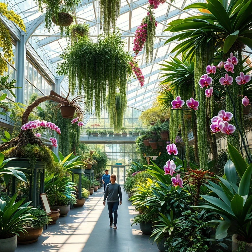 Image B of the puzzle: Botanical greenhouse atrium with rare orchids and bonsai trees