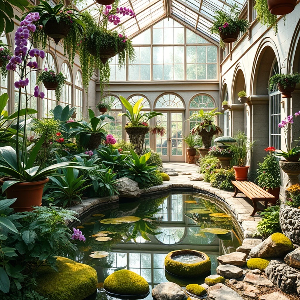 Image A of the puzzle: Botanical greenhouse atrium with rare orchids and bonsai trees