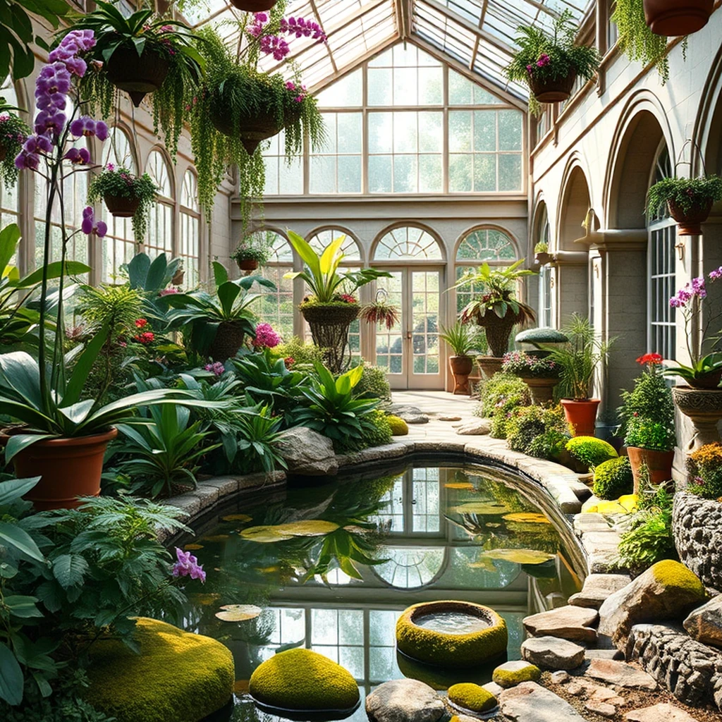 Image B of the puzzle: Botanical greenhouse atrium with rare orchids and bonsai trees