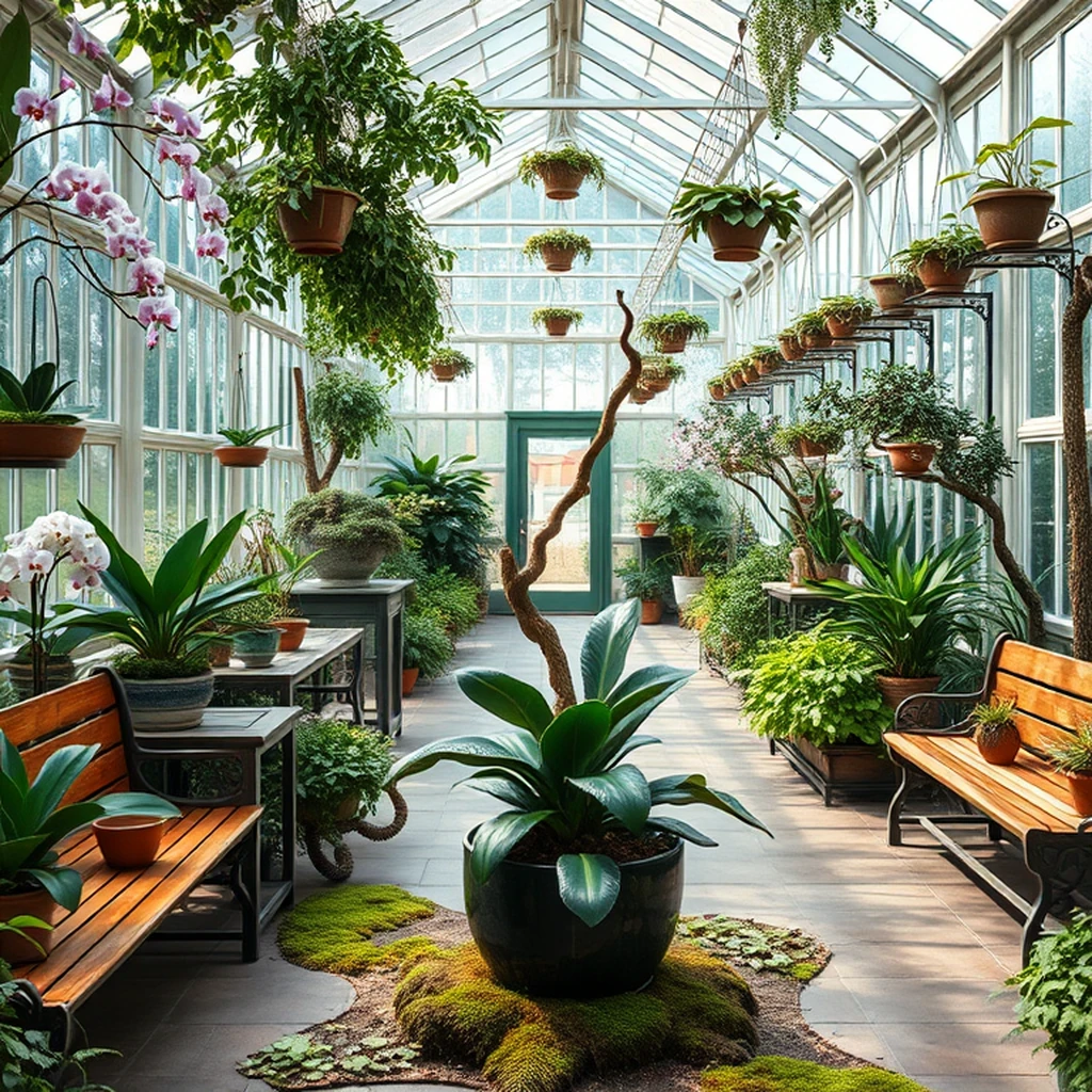 Image A of the puzzle: Botanical greenhouse atrium with rare orchids and bonsai trees
