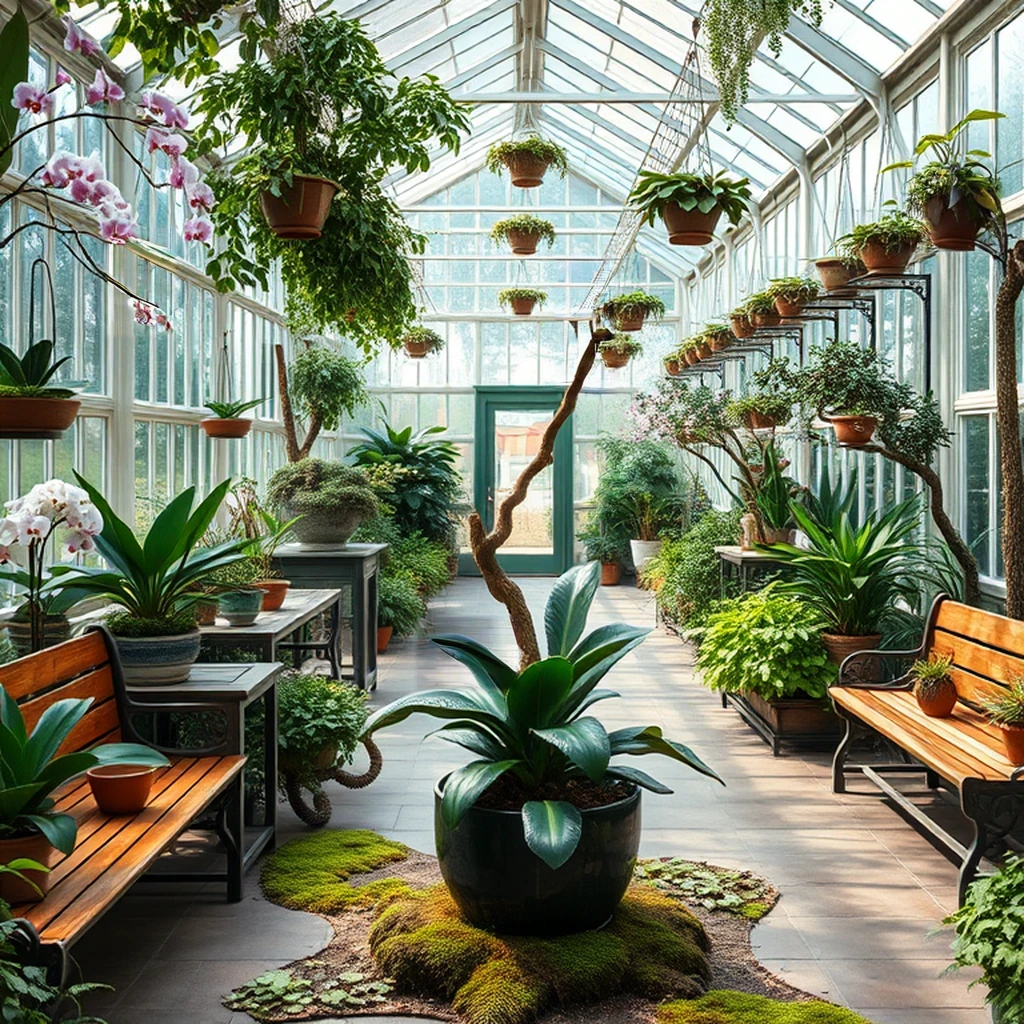 Image B of the puzzle: Botanical greenhouse atrium with rare orchids and bonsai trees
