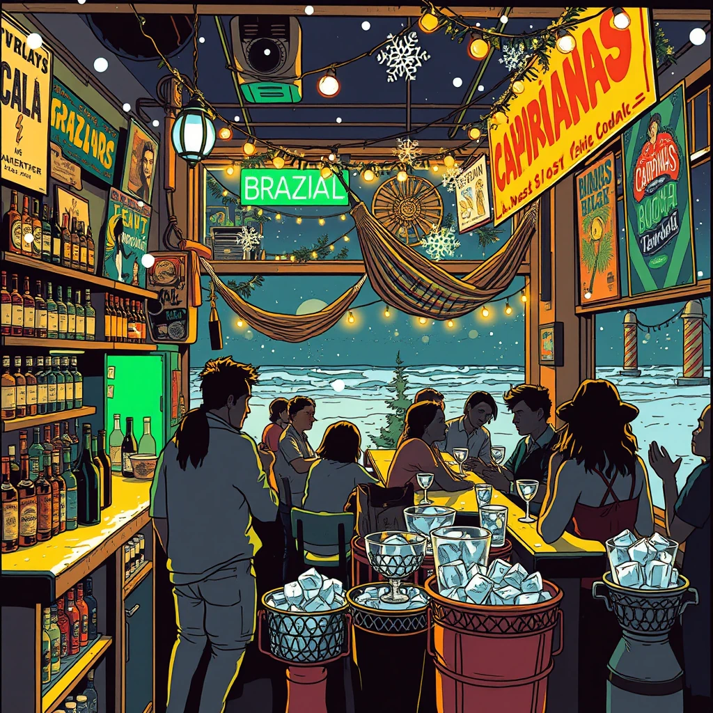 Image A of the puzzle: brazilian beachfront kiosk selling caipirinhas with neon sign and hammocks