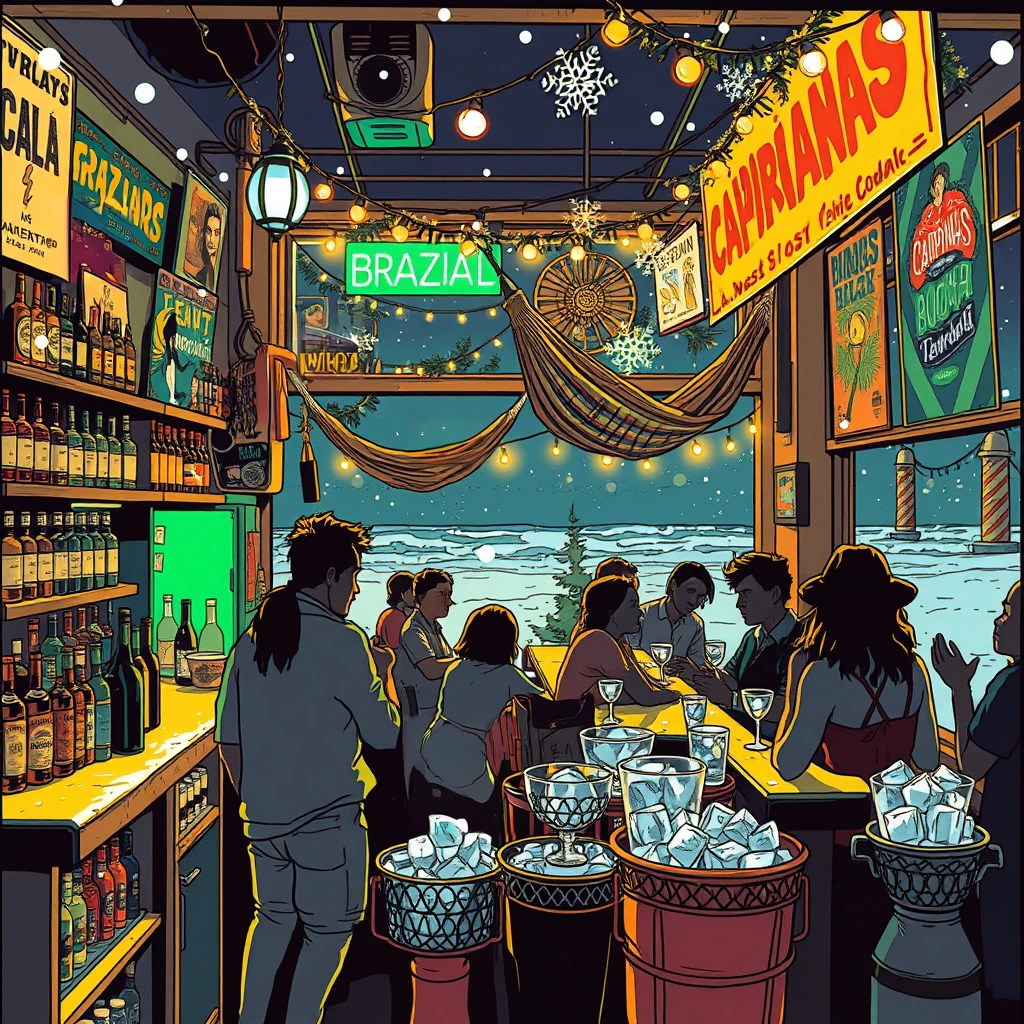 Image B of the puzzle: brazilian beachfront kiosk selling caipirinhas with neon sign and hammocks