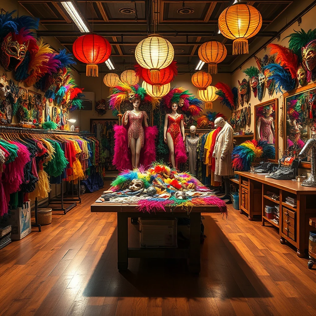 Image A of the puzzle: Brazilian Carnival costume workshop with feathers sequins and masks