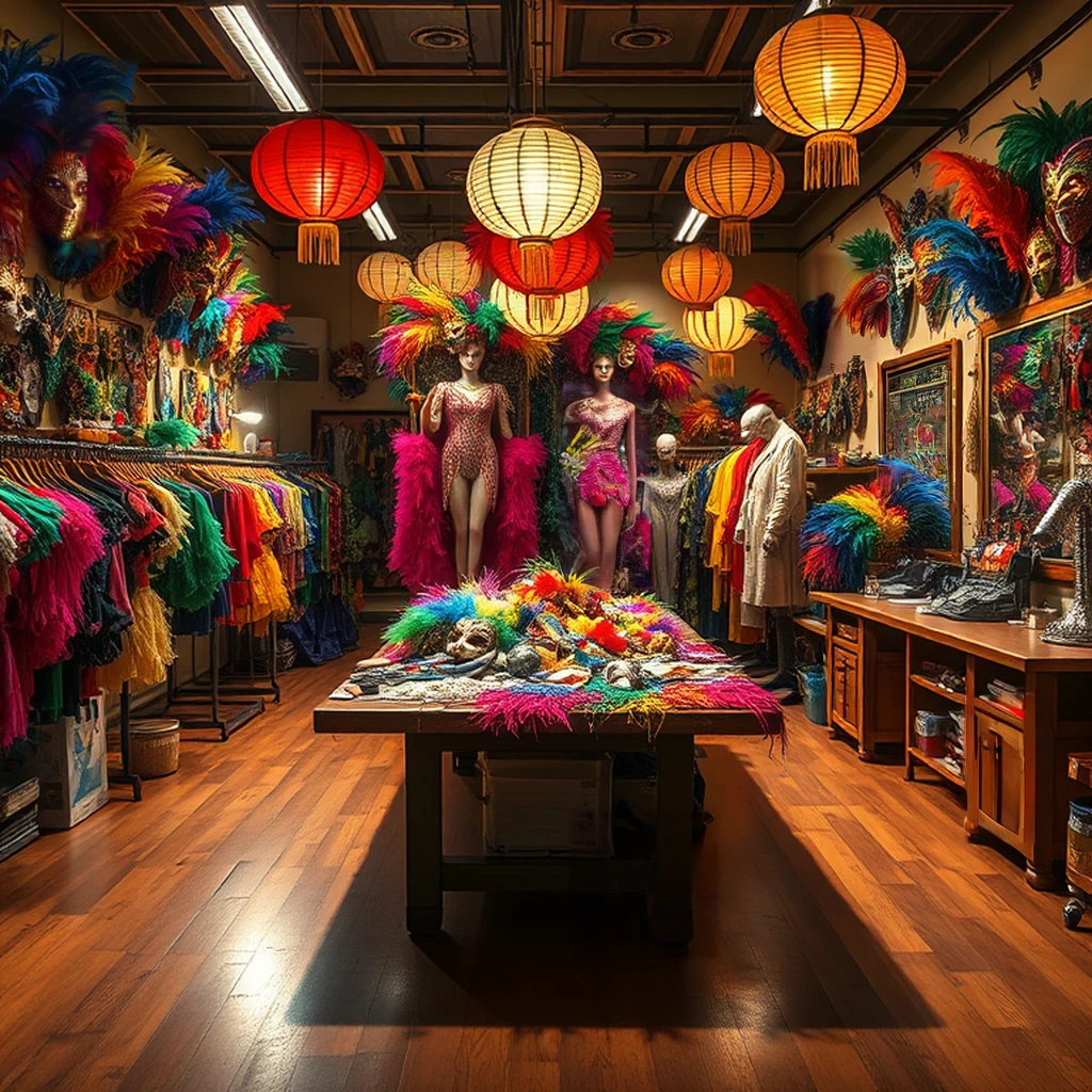 Image B of the puzzle: Brazilian Carnival costume workshop with feathers sequins and masks