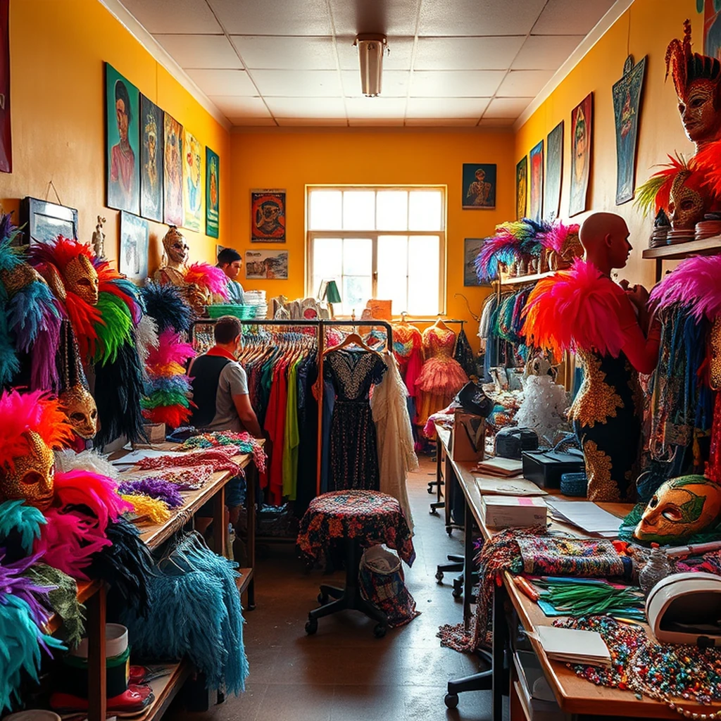Image A of the puzzle: Brazilian Carnival costume workshop with feathers sequins and masks