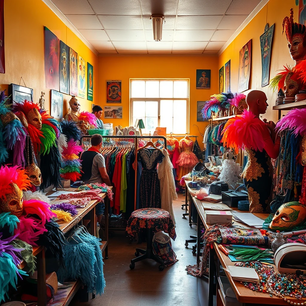 Image B of the puzzle: Brazilian Carnival costume workshop with feathers sequins and masks