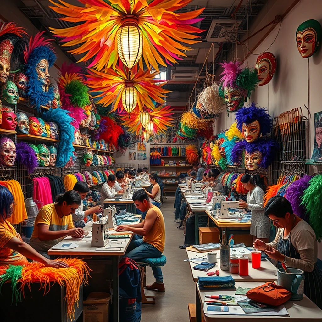 Image A of the puzzle: Brazilian Carnival costume workshop with feathers sequins and masks