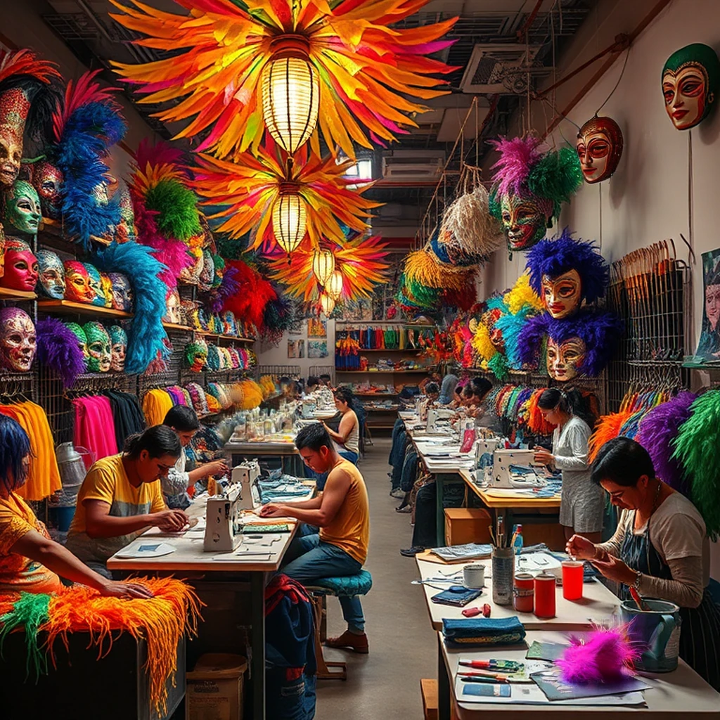 Image B of the puzzle: Brazilian Carnival costume workshop with feathers sequins and masks