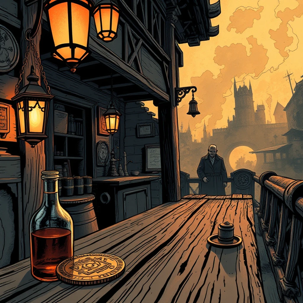Image A of the puzzle: bridge troll's toll booth at dusk with lantern lighting