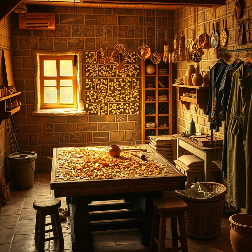 Image A of the puzzle: Byzantine Constantinople mosaic workshop with gold tile fragments and tools