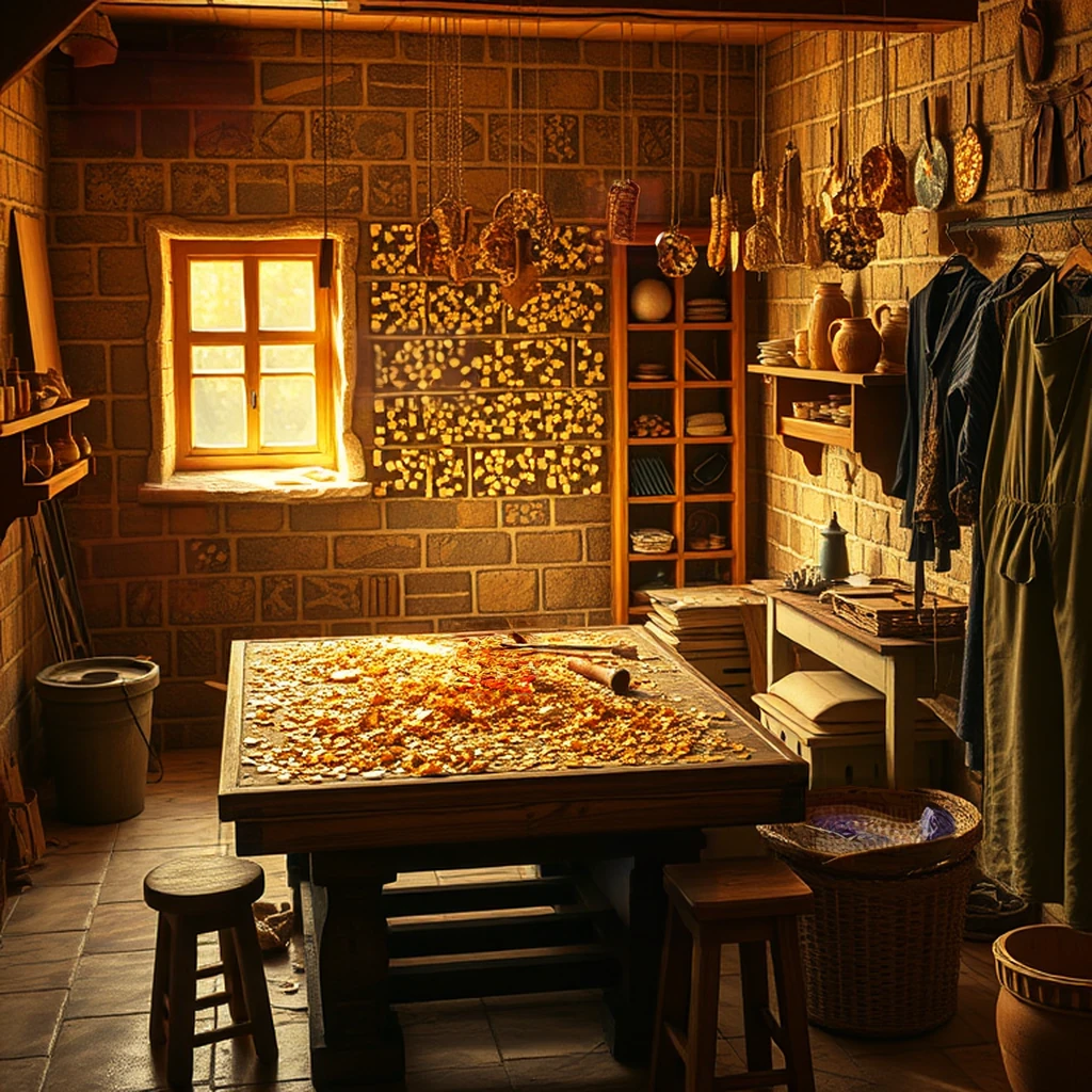 Image B of the puzzle: Byzantine Constantinople mosaic workshop with gold tile fragments and tools