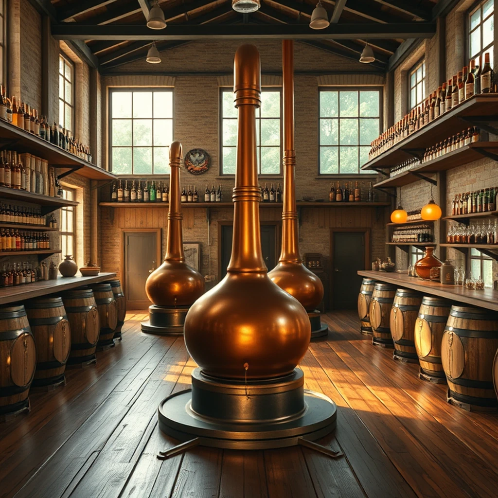 Image A of the puzzle: Caribbean rum distillery interior with copper pot stills and oak barrels