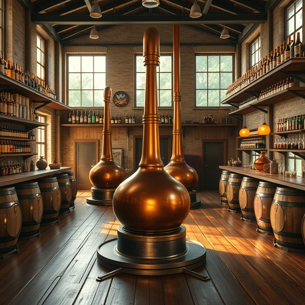 Image B of the puzzle: Caribbean rum distillery interior with copper pot stills and oak barrels