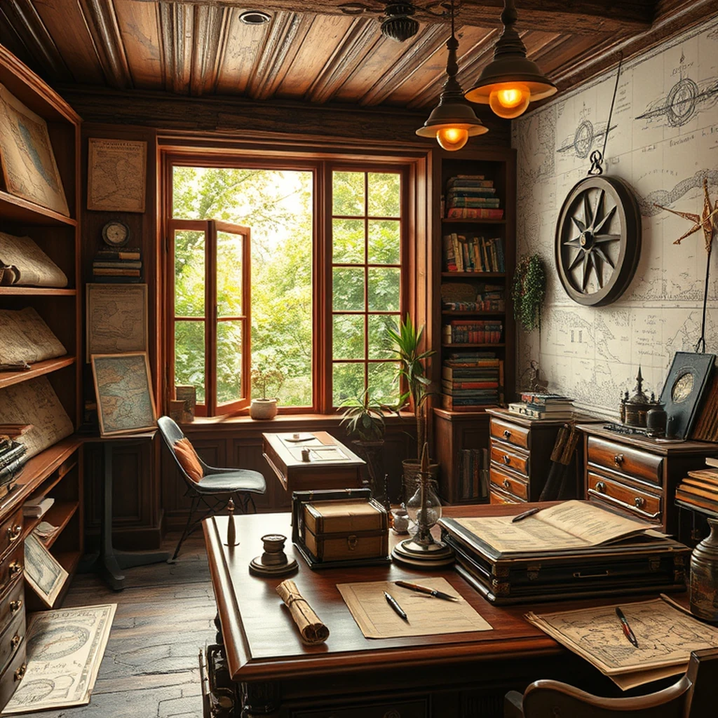Image A of the puzzle: Cartographer atelier with old maps compass and quill pens