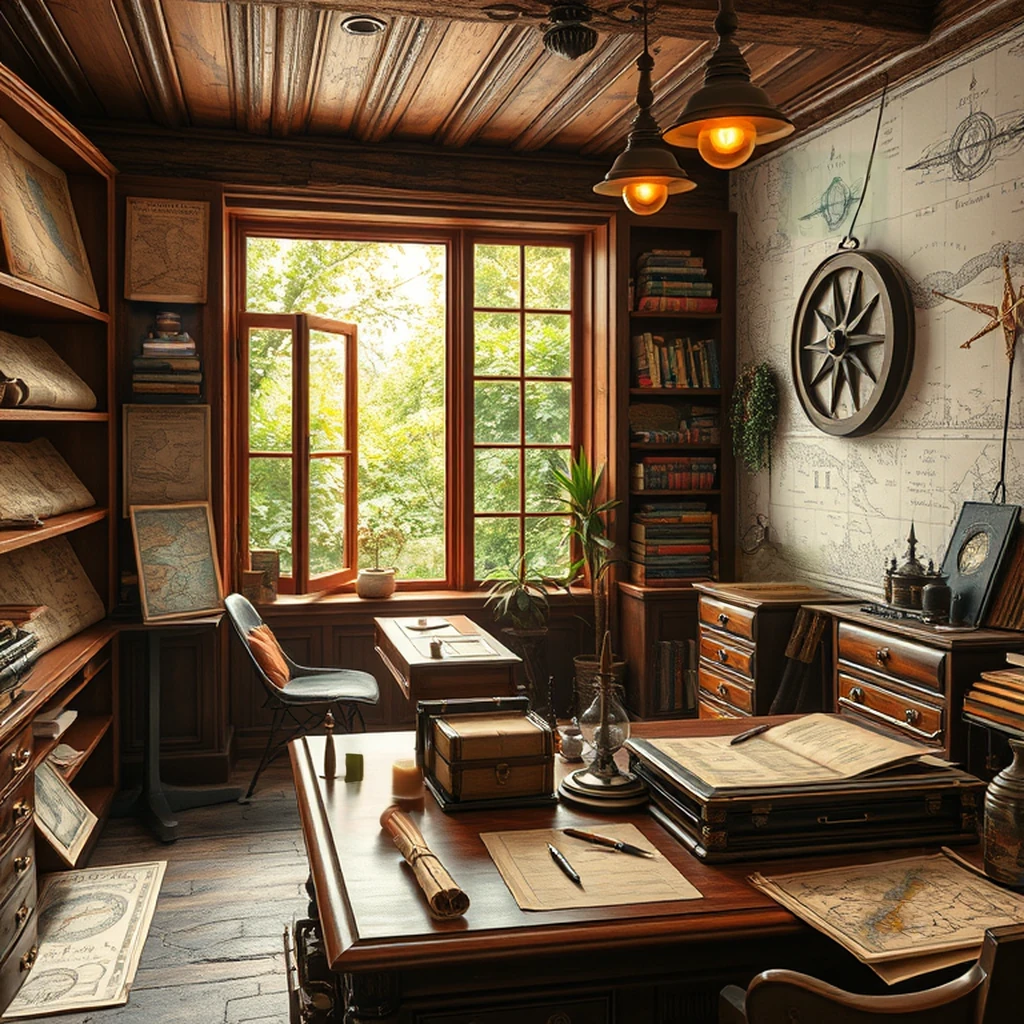 Image B of the puzzle: Cartographer atelier with old maps compass and quill pens