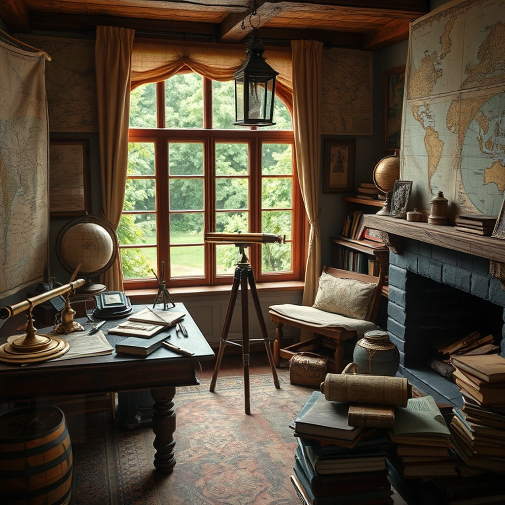 Image A of the puzzle: Cartographer atelier with old maps compass and quill pens
