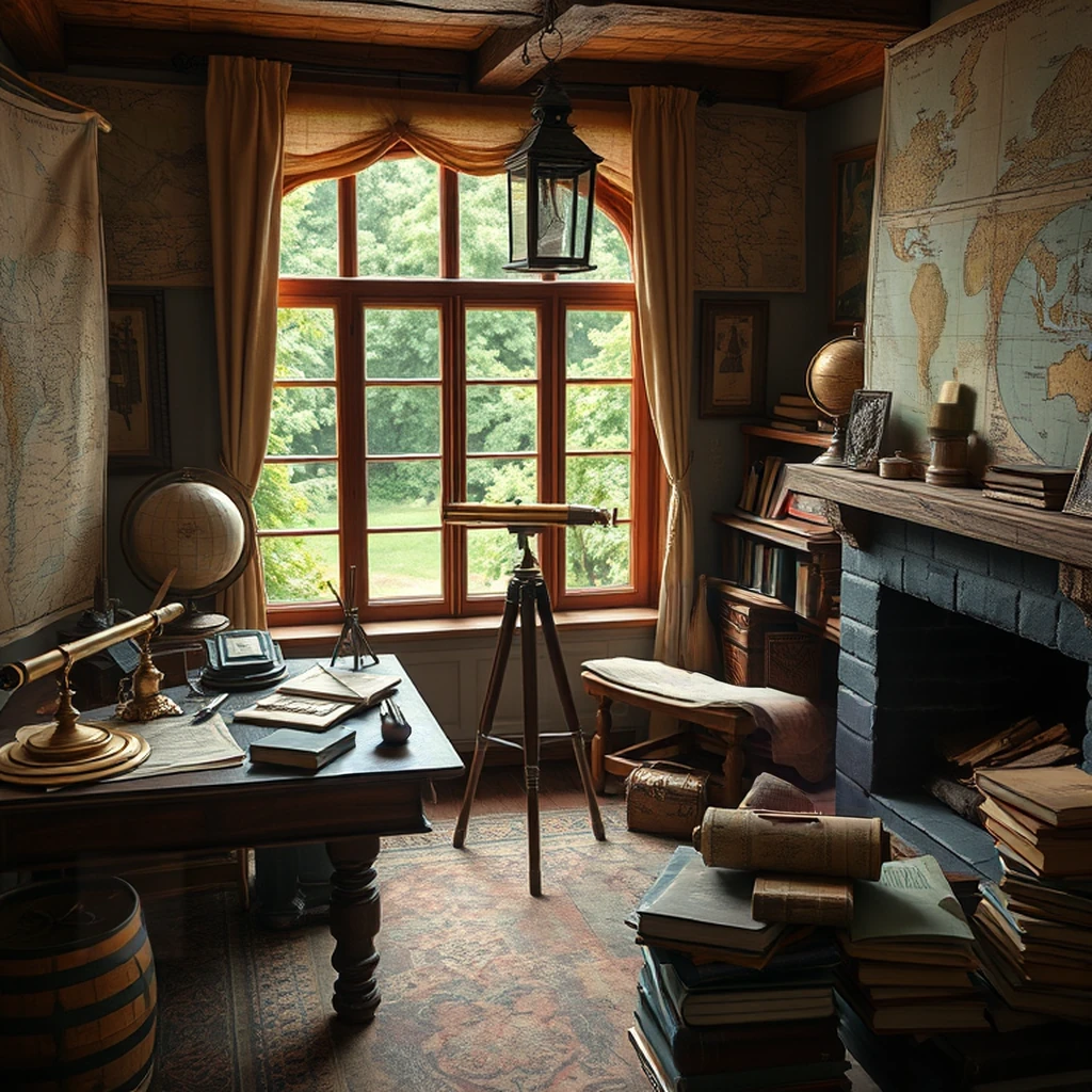 Image B of the puzzle: Cartographer atelier with old maps compass and quill pens