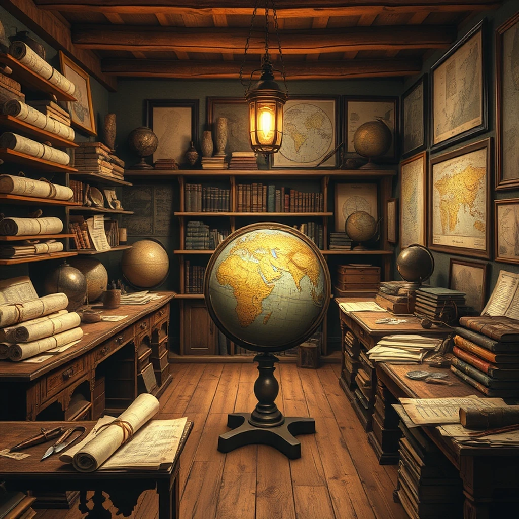 Image A of the puzzle: Cartographer atelier with old maps compass and quill pens