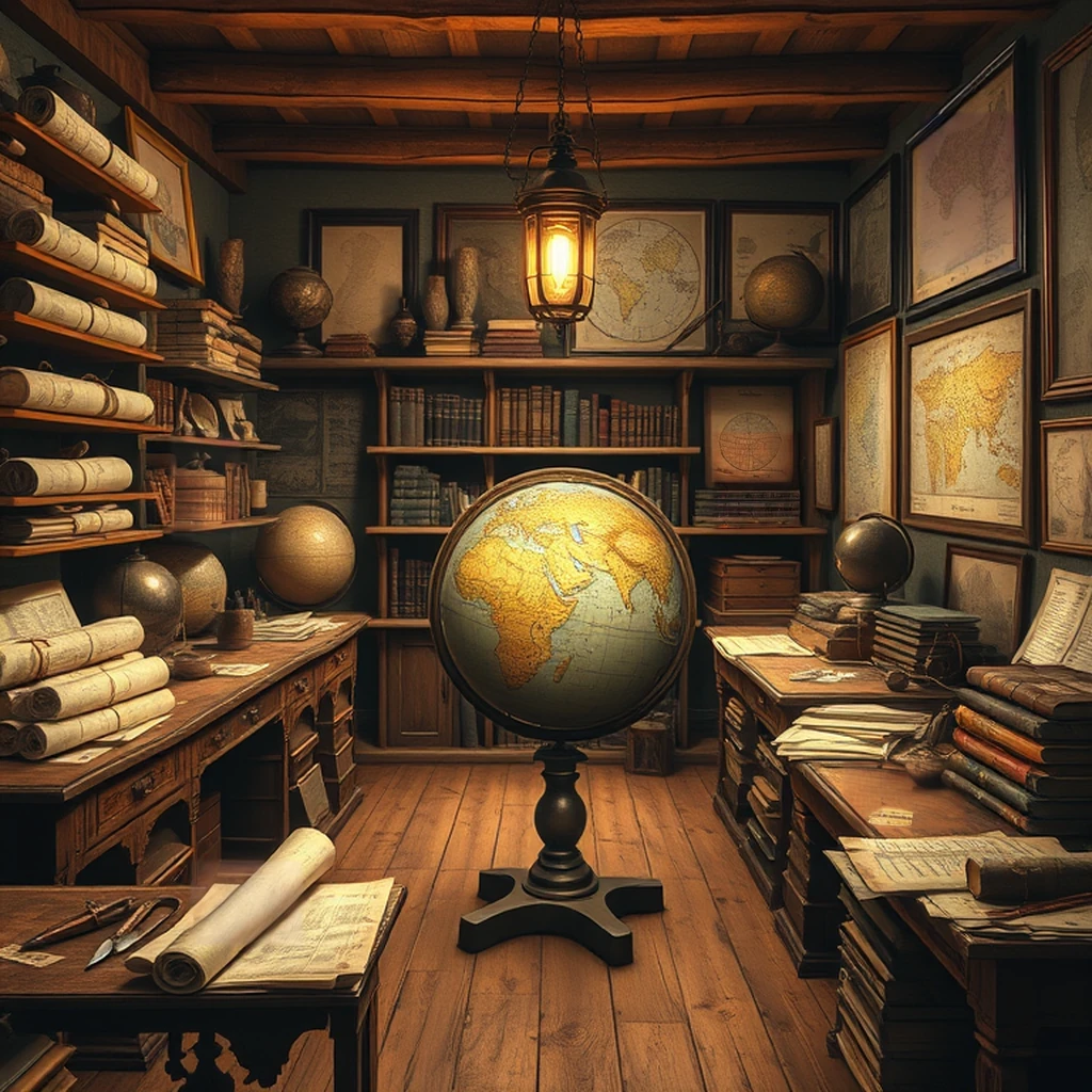 Image B of the puzzle: Cartographer atelier with old maps compass and quill pens
