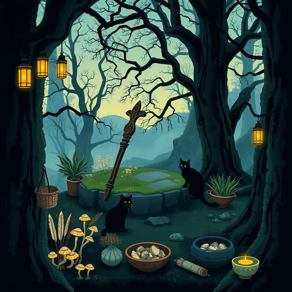 Image A of the puzzle: celtic druid's sacred grove clearing with stone altars and green moss