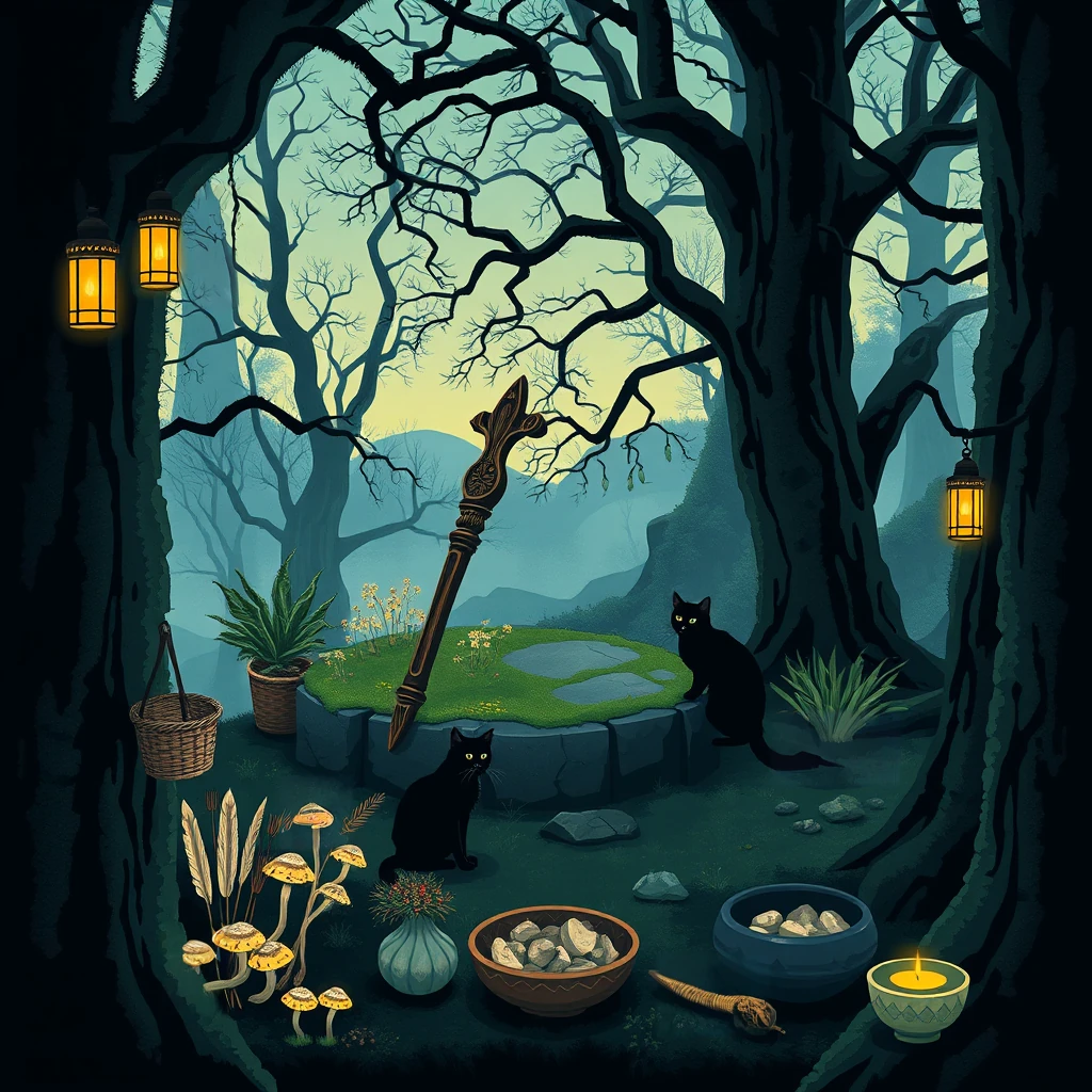 Image B of the puzzle: celtic druid's sacred grove clearing with stone altars and green moss
