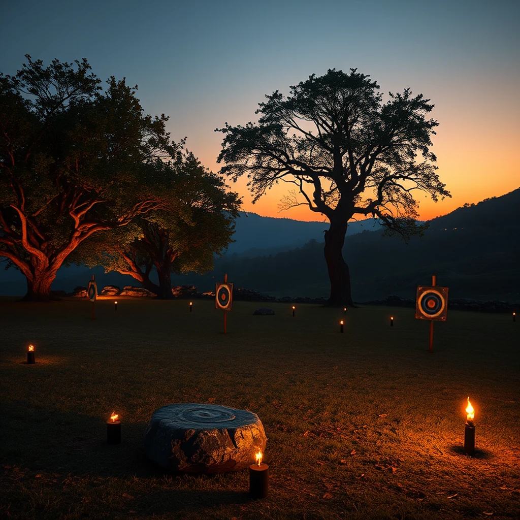 Image A of the puzzle: Centaur archery training grounds at twilight with stone targets