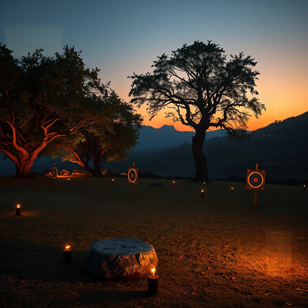 Image B of the puzzle: Centaur archery training grounds at twilight with stone targets