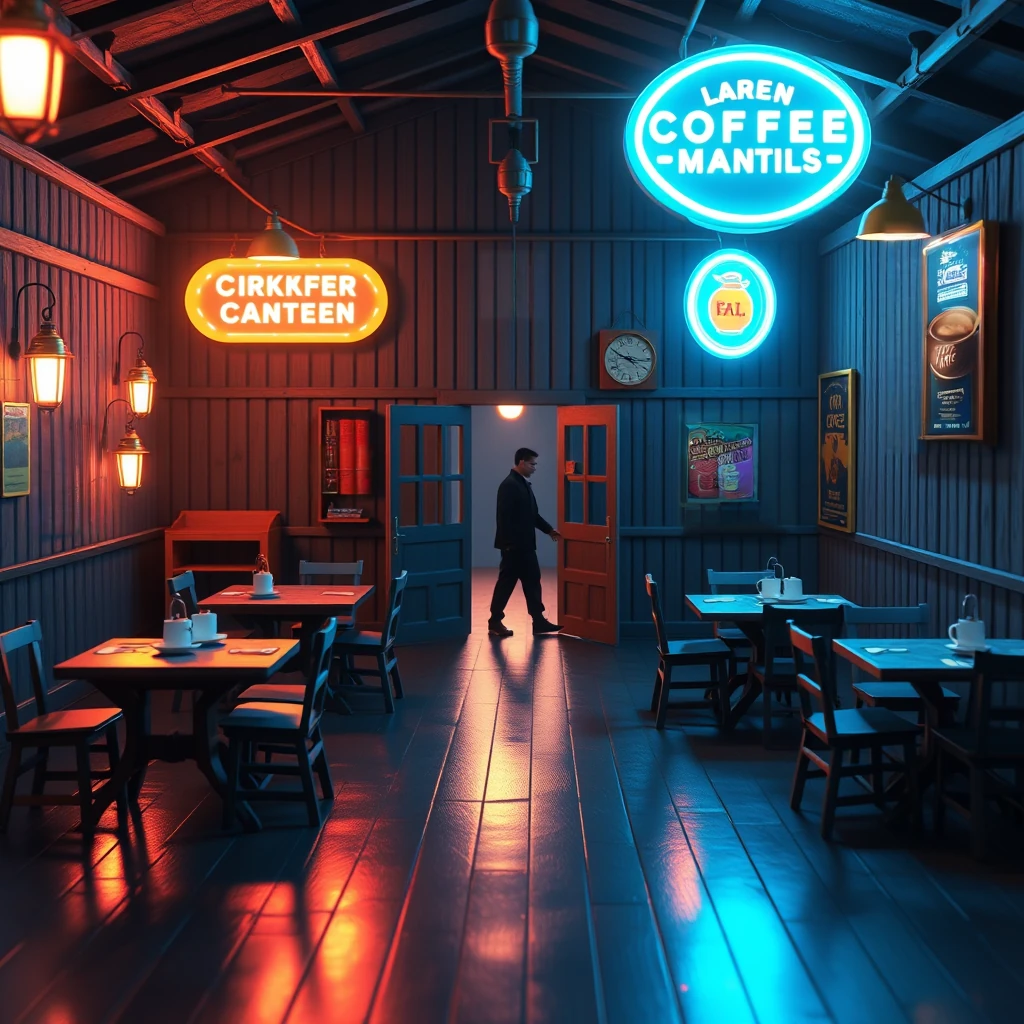 Image B of the puzzle: colombian coffee plantation workers' canteen with wooden tables