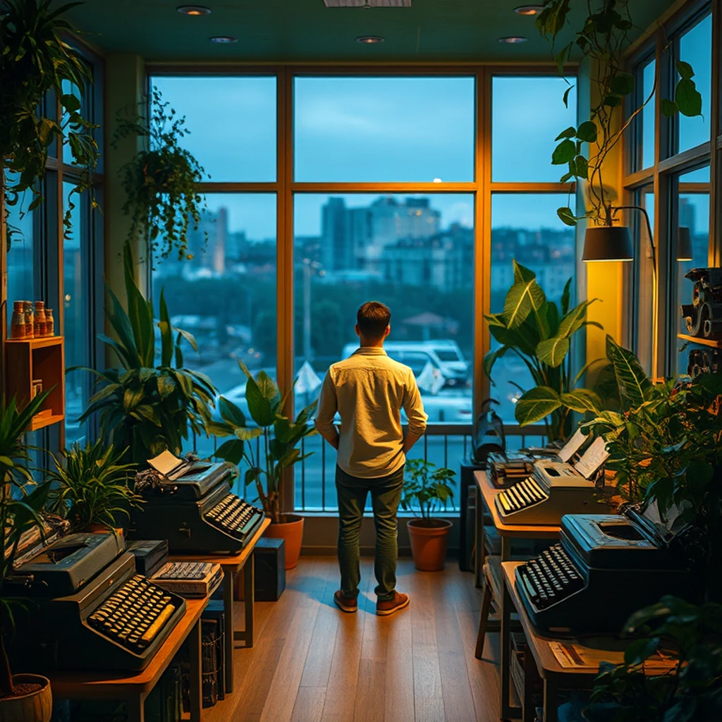 contemporary co-working space in berlin with vintage typewriters and plants