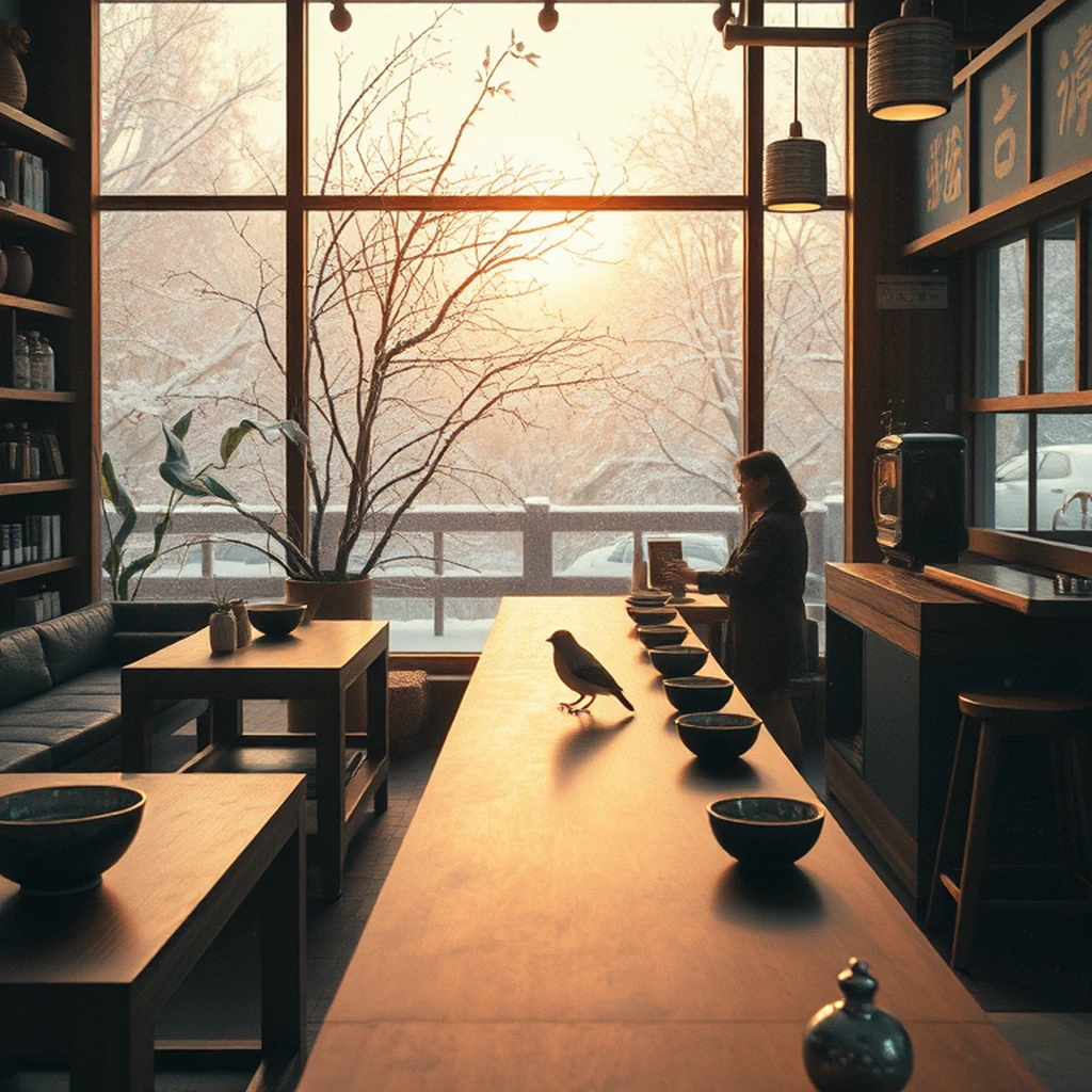 contemporary japanese coffee bar with bamboo accents and matcha bowls